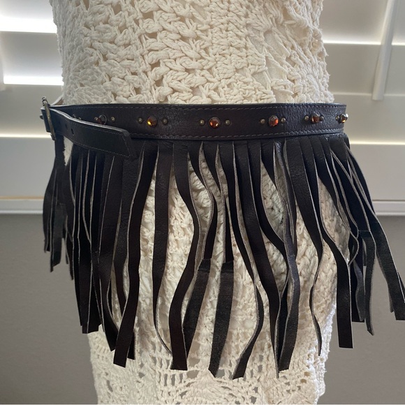 Vintage BOHO amber rhinestone studded Leather Fringe Waist Wrap statement belt - Picture 4 of 11